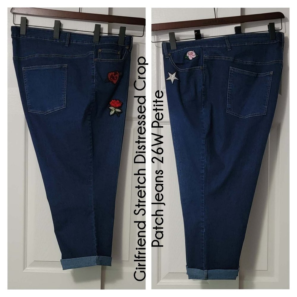 Woman Within Girlfriend Stretch Distressed Crop Patch Jeans 26W Petite *NWOT*